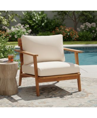 Mid-Century Modern Acacia Wood Outdoor Club Chair with Cushions