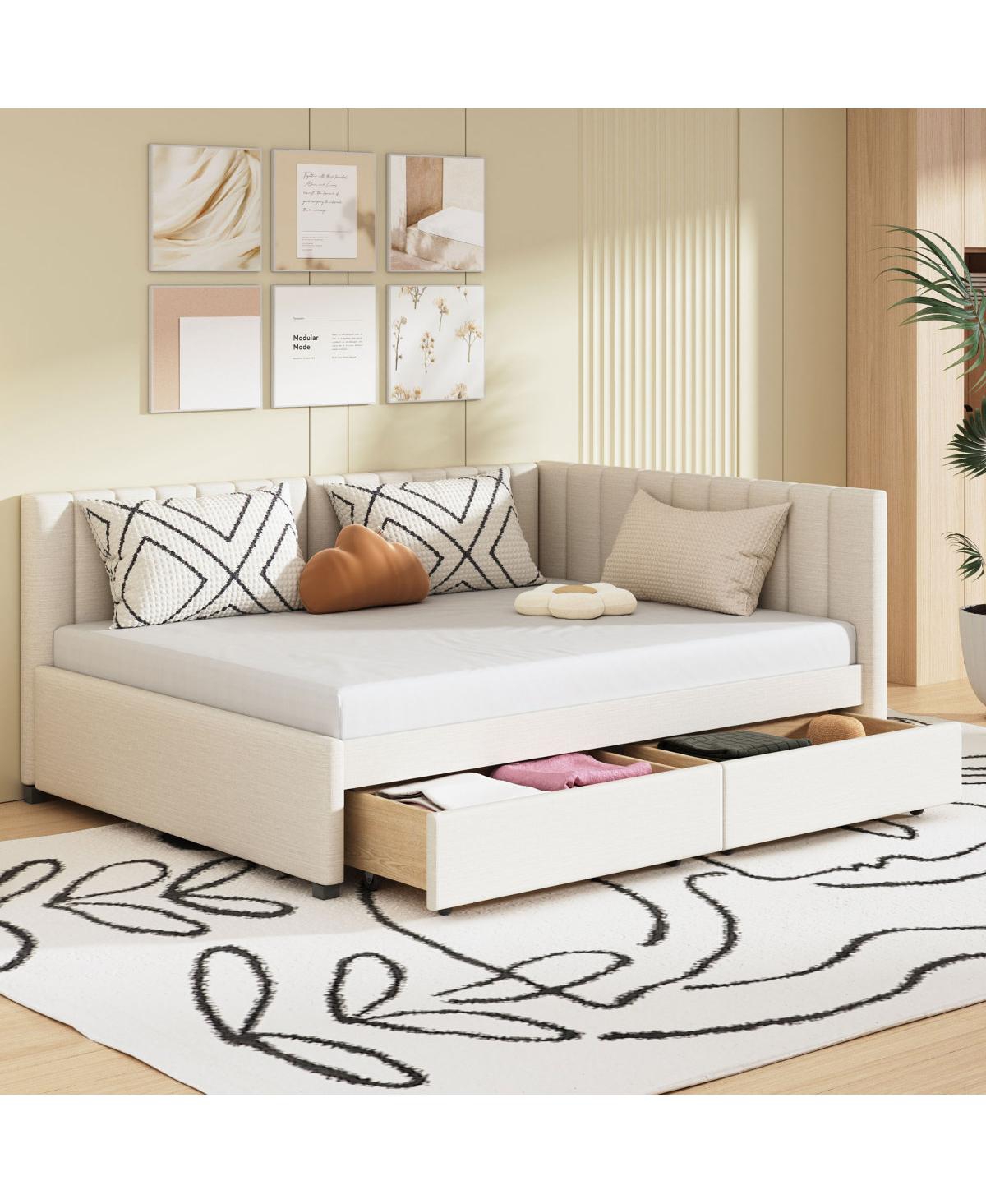Streamdale Furniture Full Size Upholstered Daybed With 2 Storage Drawers, Linen - Beige