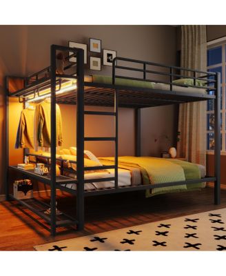 Queen Size Metal Bunk Bed With Storage Shelves, Hooks, And LED Lights