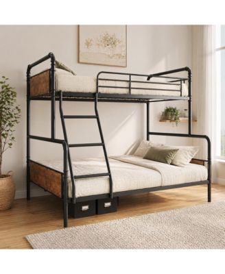 Modern Metal Bunk Bed Frame with Guardrails and Secure Ladder, Convertible Split Design, Under-Bed Storage Clearance, Industrial Style