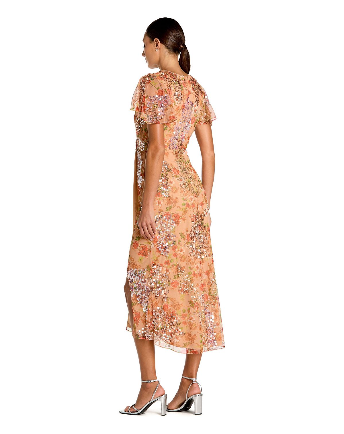 Mac Duggal Women's Printed Mesh Flutter Sleeve Faux Wrap Midi Dress view 2 — MAYCSS fashion products
