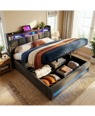 Upholstered Platform Bed with Hydraulic Storage, LED and Charging Station