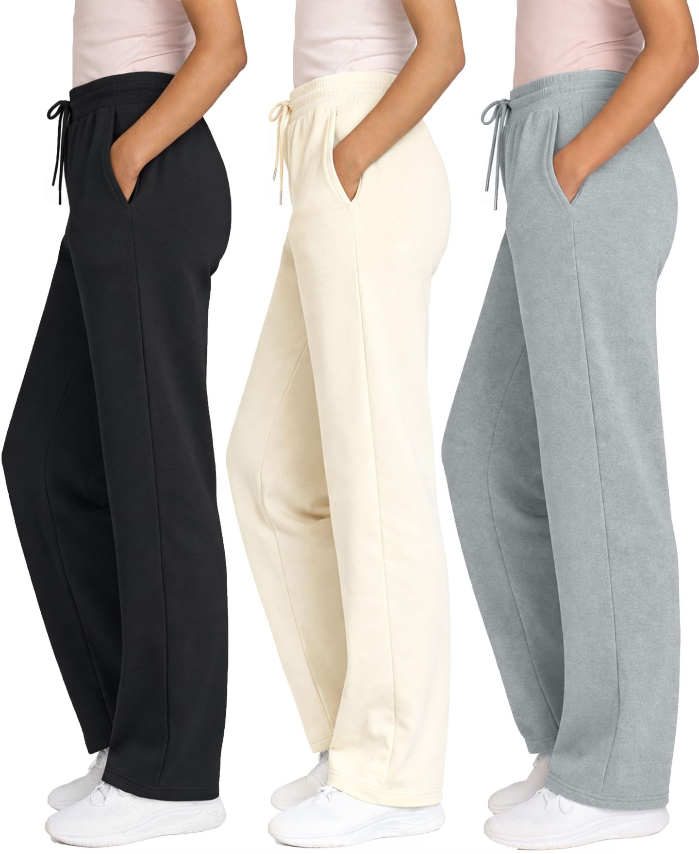 Женские брюки Blue Ice Heavyweight Wide Leg Loose Fit Fleece Sweatpants-3 Pack, цвет: Чёрный кремовый меланжевый серый — фото 2
