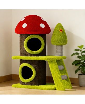 Modern Cat Tree Tower, Green Mushroom Cat House with Sisal Scratching Posts for Multi-Cats