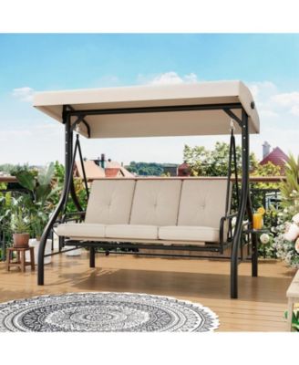 3-Seat Outdoor Swing with Adjustable Canopy, 2-in-1 Swing Bed, Thick Cushions, Cup Holders and Tray, Weather-Resistant Patio Furniture