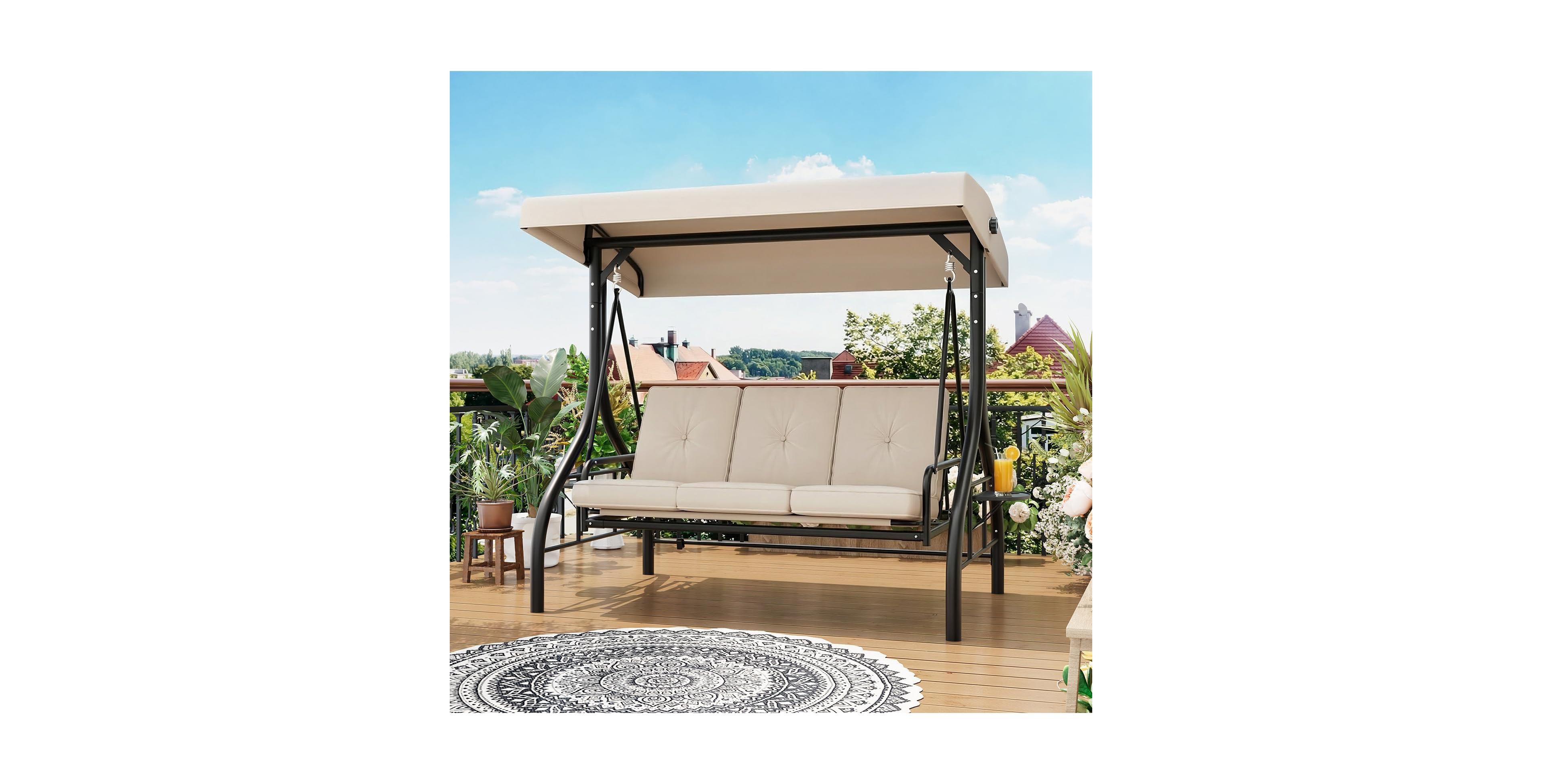 homfan 3-Seat Outdoor Swing with Adjustable Canopy, 2-in-1 Bed, Thick Cushions, Cup Holders and Tray, Weather-Resistant Patio Furniture
