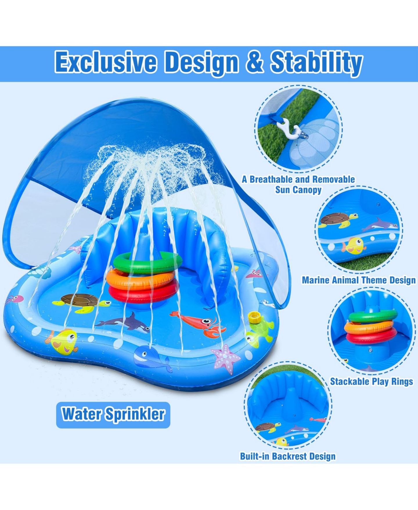 Детская игрушка GNUADZ Play Mat Sprinkler 32" x 32" x 26" with Sun Canopy, Ages 5+, цвет: Синий — фото 3