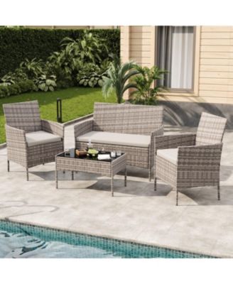 Patio Rattan Set with Glass Table, Wicker and Cushions