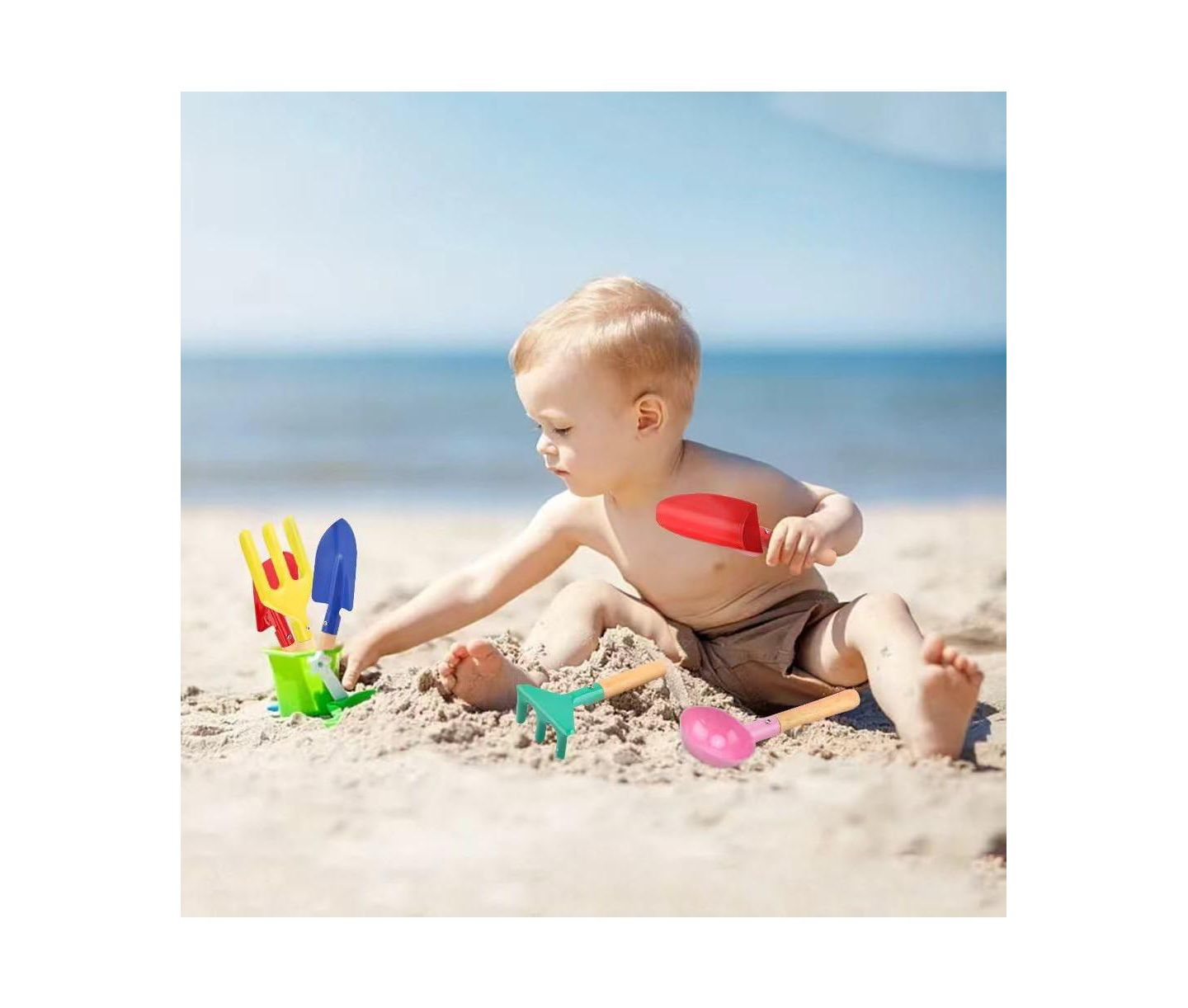 Детские игрушки GNUADZ Metal Sandbox Beach Toys 6-Piece Garden Tool Kit with Spoon, Fork, Trowel, Rake and Shovel, Ages 4-8, цвет: Разноцветный — фото 4