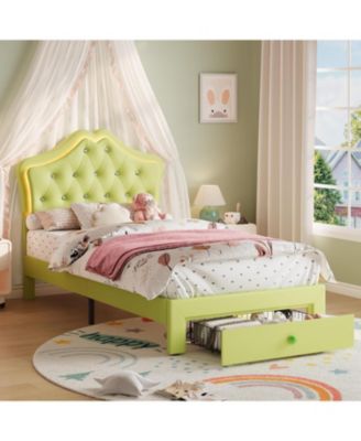 Upholstered Platform Bed Frame with LED Headboard and Storage Drawers