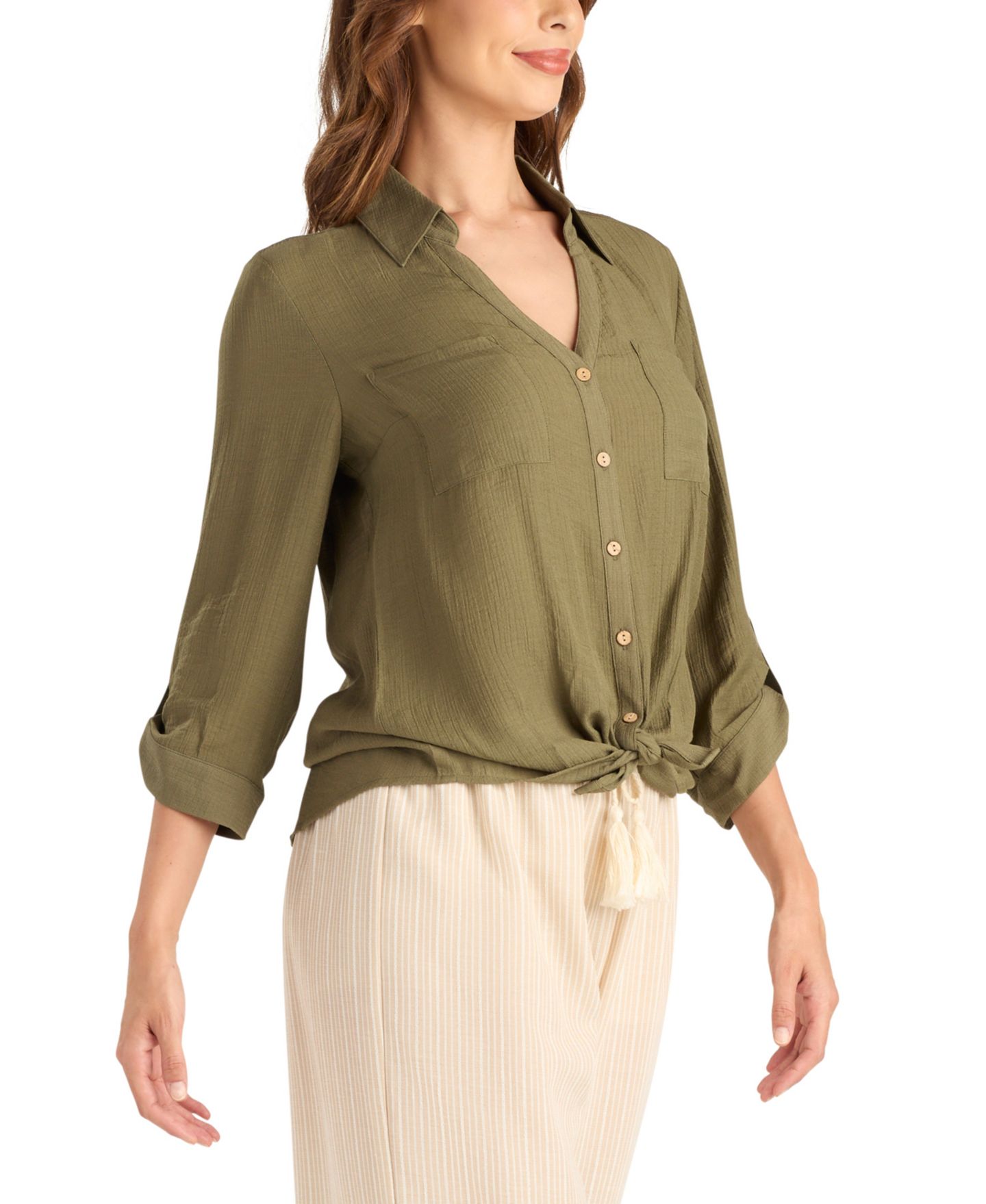 Женский топ BCX Texture Gauze Collared Button-Front Top, цвет: Оливковый — фото 2