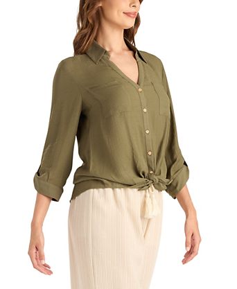 green dress shirts for ladies 3/4 Sleeve Notch Button-Front Shirt, Green / S nice to wear for the Holiday Olive Green Shirt Womens -