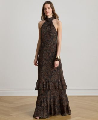 Women's Paisley Georgette Tiered Mockneck Gown