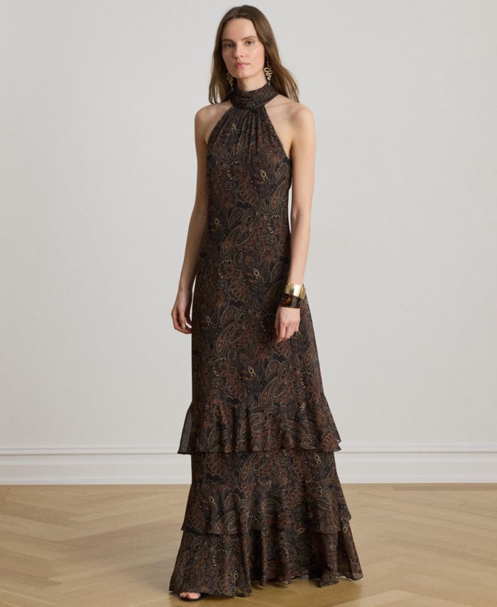 Lauren Ralph Lauren Women's Paisley Georgette Tiered Mockneck Gown