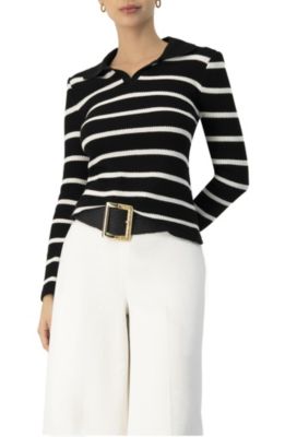 Women's Knitted Striped Long Sleeve Polo