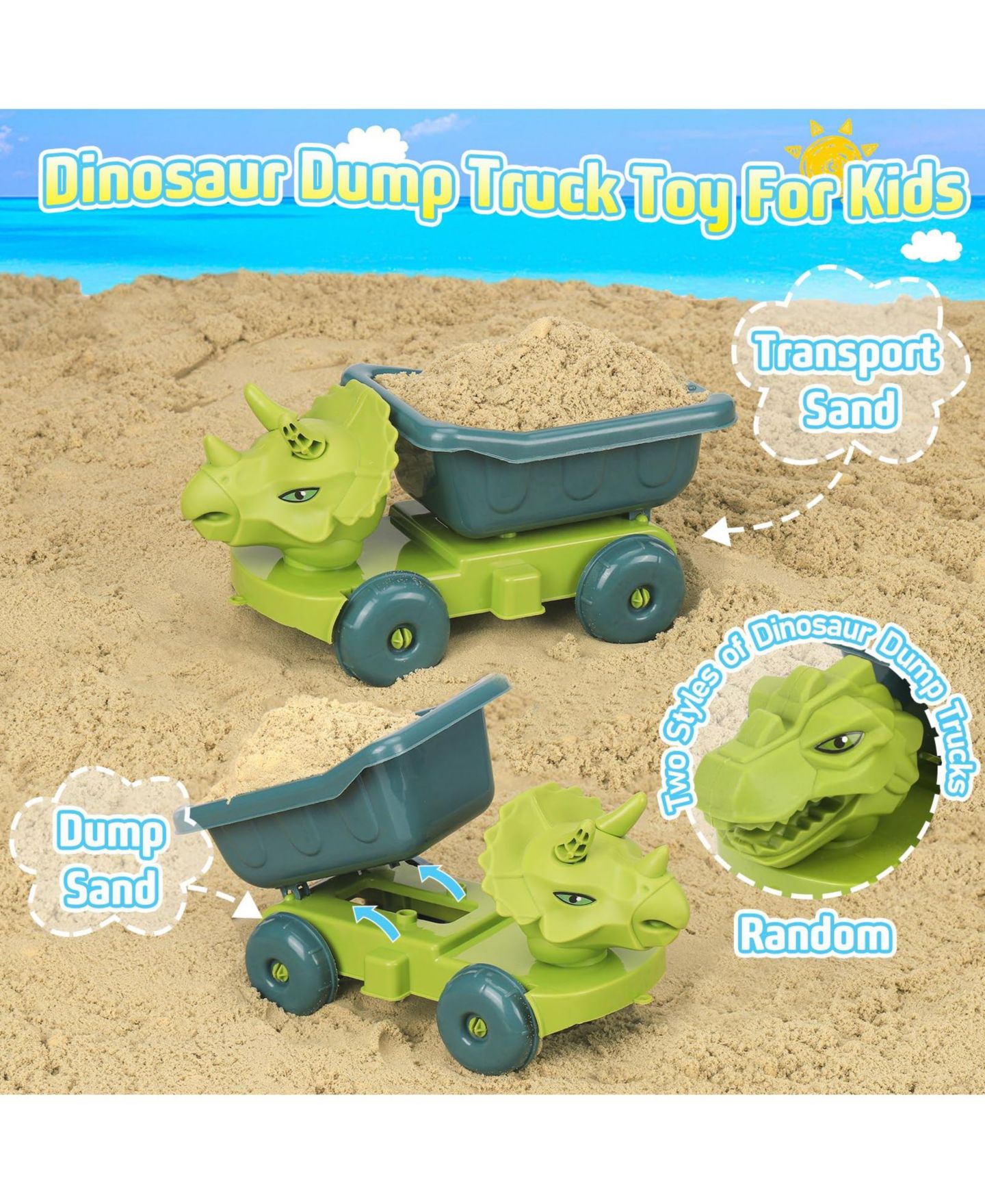 Детские игрушки GNUADZ 25-Piece Dinosaur Beach Sand Toys Set with Collapsible Bucket and Dump Truck, Ages 5-7, цвет: Зелёный — фото 3