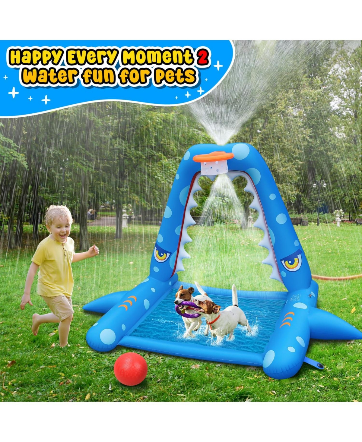 Gnuadz 110" Inflatable Shark Splash Pad With Basketball Hoop Outdoor Water Toy