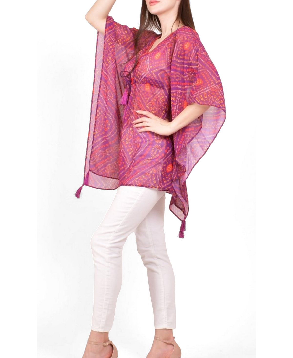 RAAS Women's Mirror Embroidered Bandhani Georgette Kaftan Top view 3 — MAYCSS fashion products