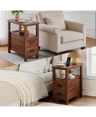Rustic End Table with Charging Station and 2 Drawers