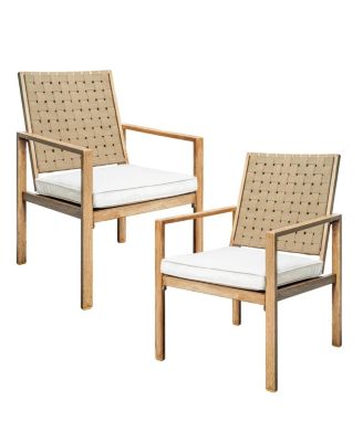 Set of 2 Patio Chairs with Cushions, Wood Grain Metal Outdoor Dining Chairs