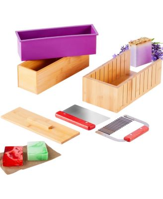 Soap Making Kit Bamboo Cutting Box with Silicone Mold, Stainless Steel Straight and Wavy Cutters, 100 Bags and 105 Stickers DIY Supplies