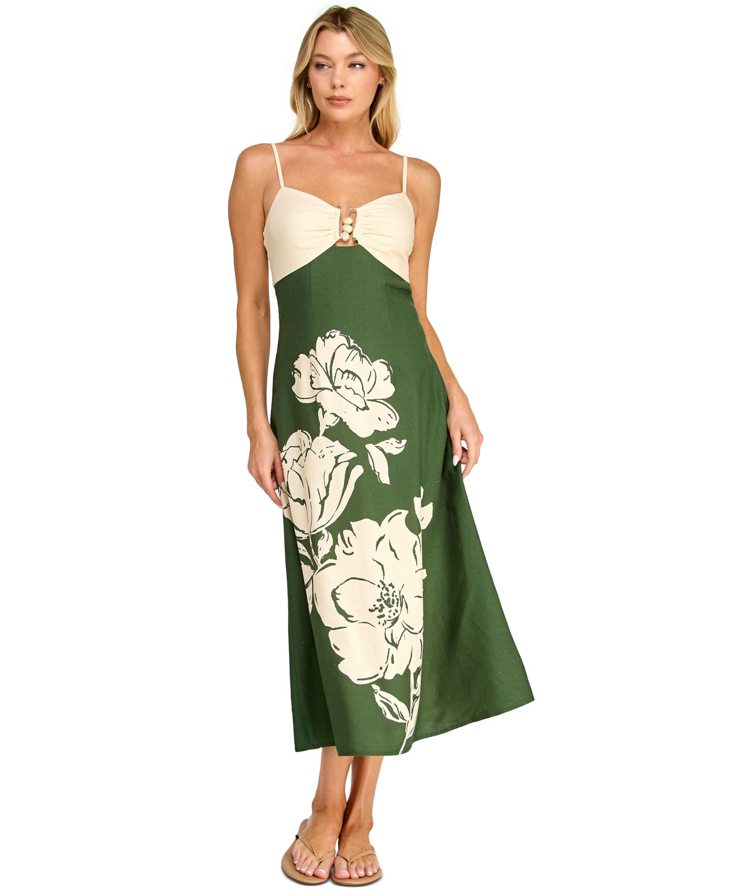 Женское платье Trixxi Juniors' Sleeveless Fit & Flare Midi Dress with Floral Placement Print, цвет: Оливковый — фото 2