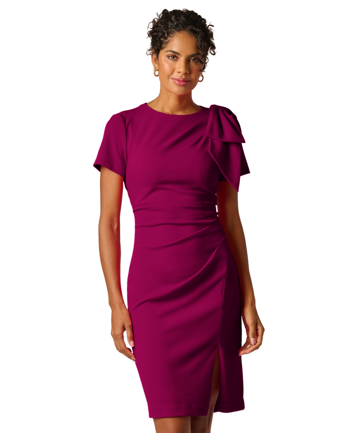 Adrianna Papell Petite Crewneck Pleated Bow Midi Dress