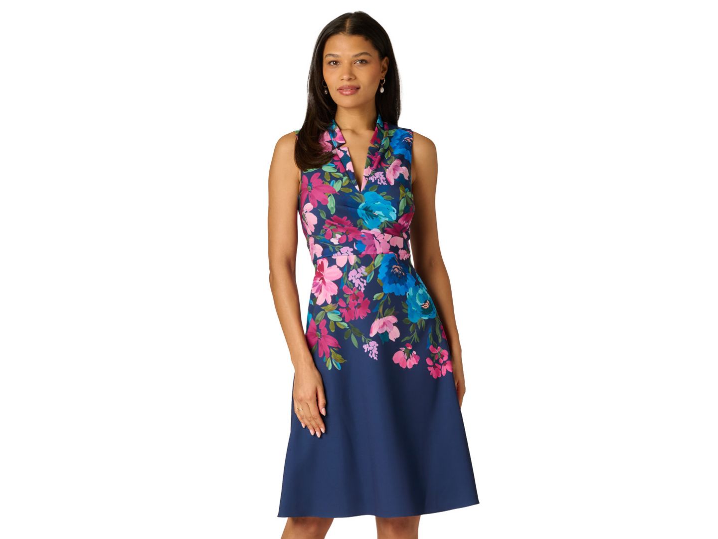Женское платье Adrianna Papell Petite Border Floral V-Neck Midi, цвет: Тёмно-синий разноцветный — фото 3