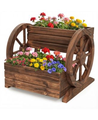 2-Tier Raised Garden Bed Rustic Wood Wagon Shape With Drainage Holes And Wheels