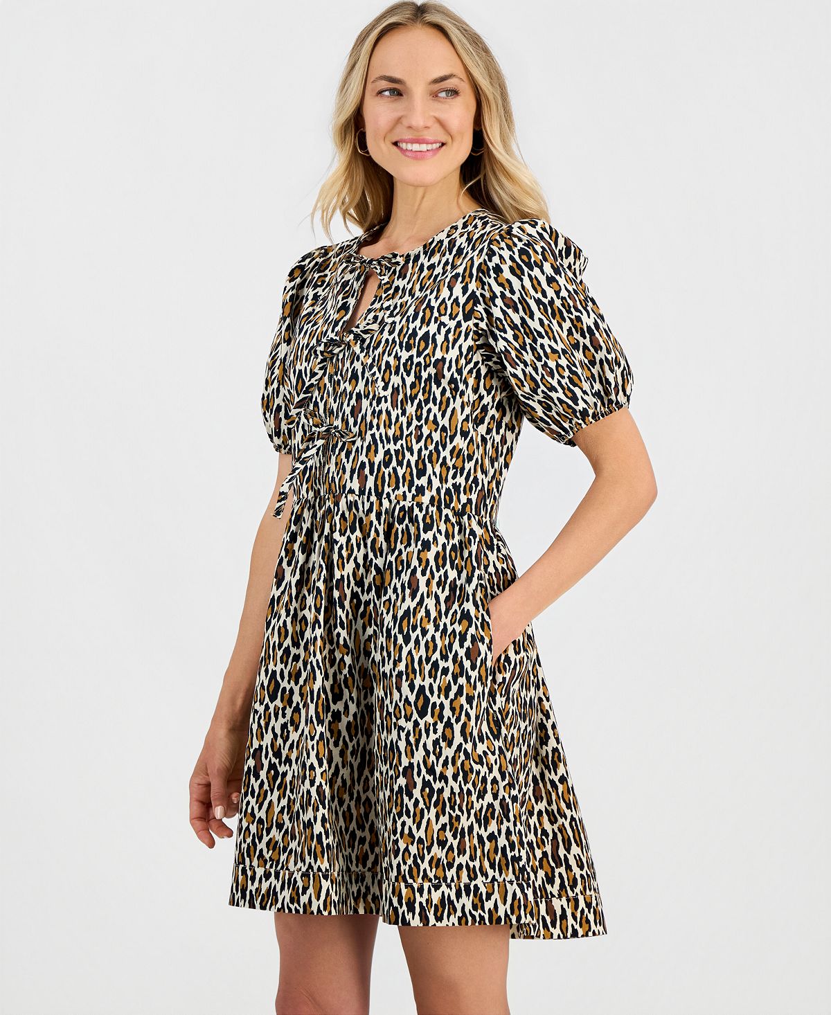 Robbie Bee Women's Printed Puff-Sleeve Cotton Mini Dress view 5 — MAYCSS fashion products