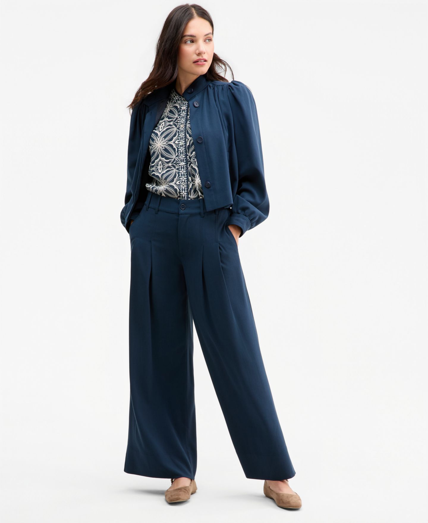 Женский топ Liverpool Los Angeles Mixed-Print Button-Front Flutter-Sleeve, цвет: Синий / Кремовый — фото 4