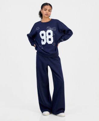Juniors' Varsity Eyelet Crewneck Sweatshirt & Fleece Wide-Leg Sweatpants