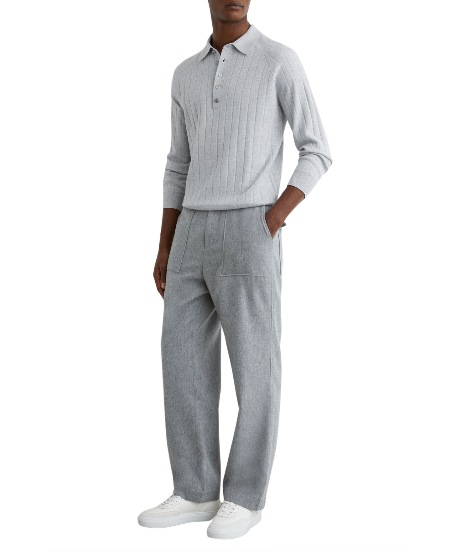 Мужское поло REISS Dillingham Half Button Wide Ribbed Polo Shirt, цвет: Мягкий серый — фото 4