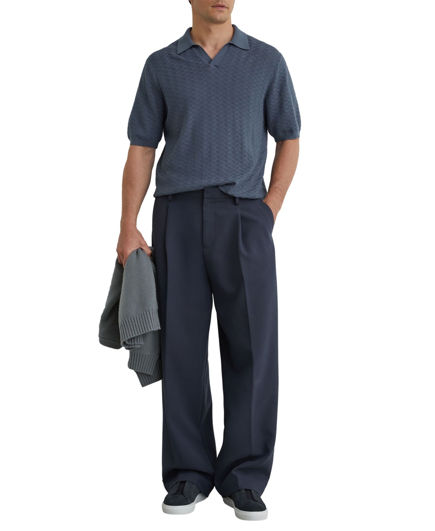 Мужское поло REISS Sol Open Collar Textured Polo Shirt, цвет: Синий — фото 2