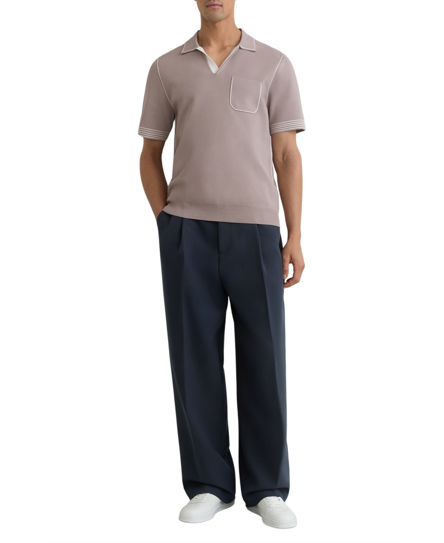 Мужское поло REISS Newbury Open Collar Piped Stitch Detail Polo Shirt, цвет: Серо-коричневый коричневый — фото 3