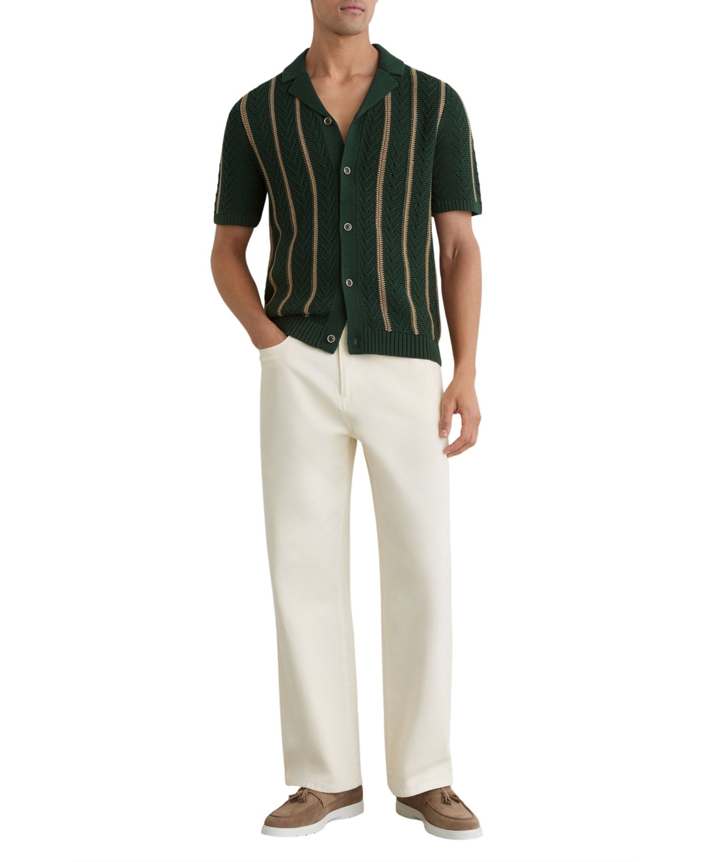 Мужская рубашка REISS Ellingham Cuban Button Through Stitch Interest Stripe, цвет: Тёмно-зелёный — фото 2