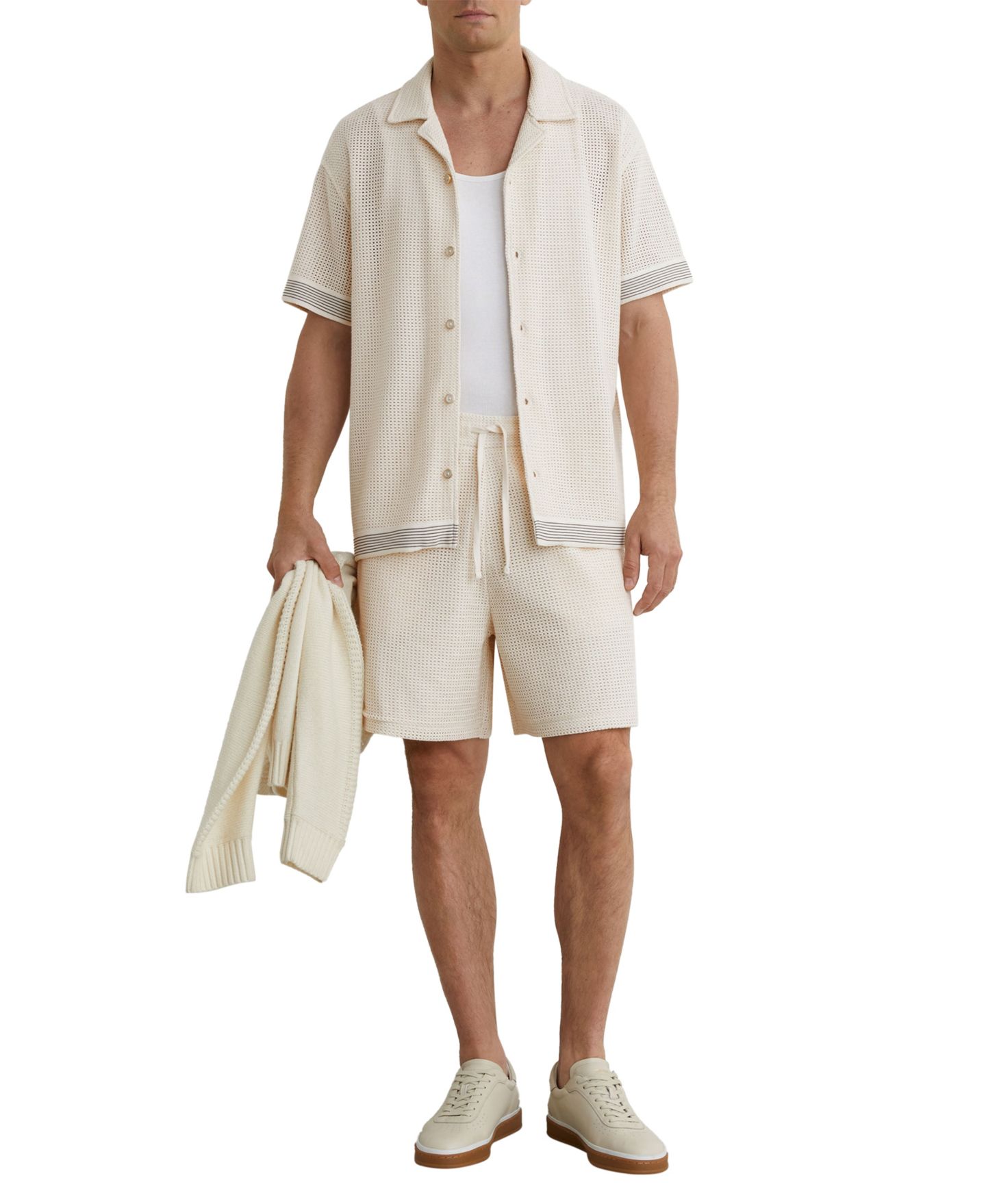 Мужская рубашка REISS Aliso Crochet Tape Cuban, цвет: Молочный белый — фото 1