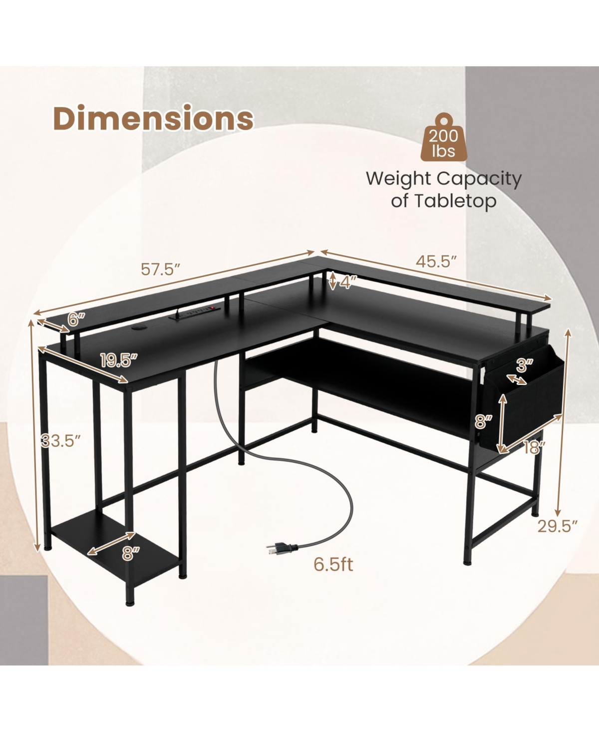 Slickblue L Shaped Computer Desk with Led Lights and Charging Ports