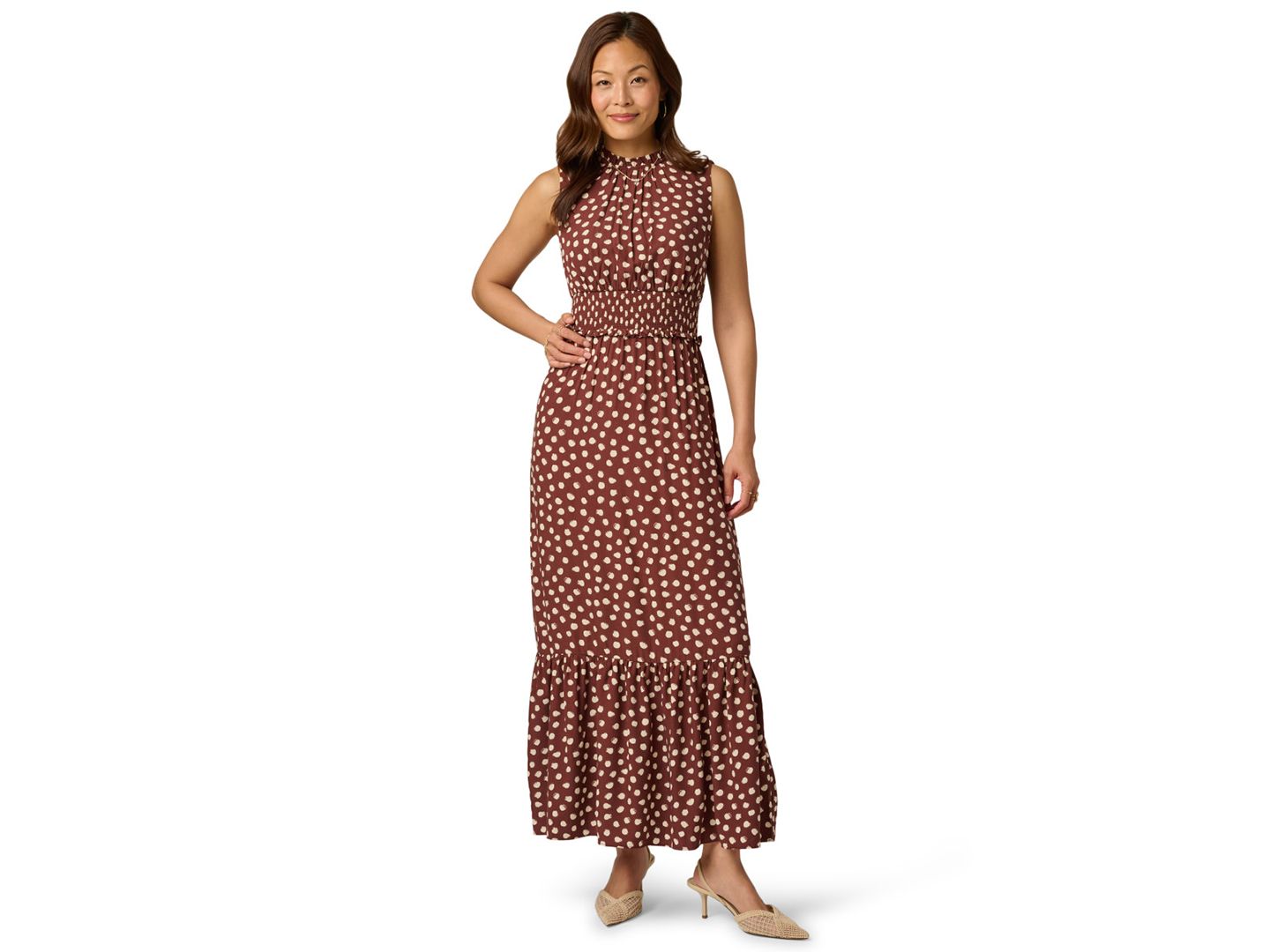 Женское платье Adrianna Papell Printed Smocked Maxi, цвет: Коричневый / Экрю — фото 1