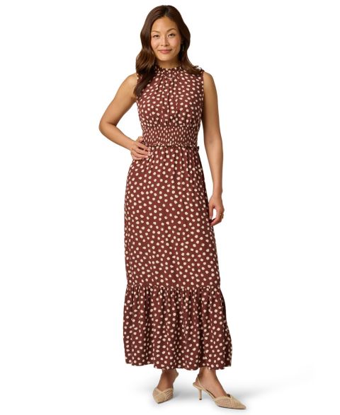 Женское платье Adrianna Papell Printed Smocked Maxi, цвет: Коричневый / Экрю