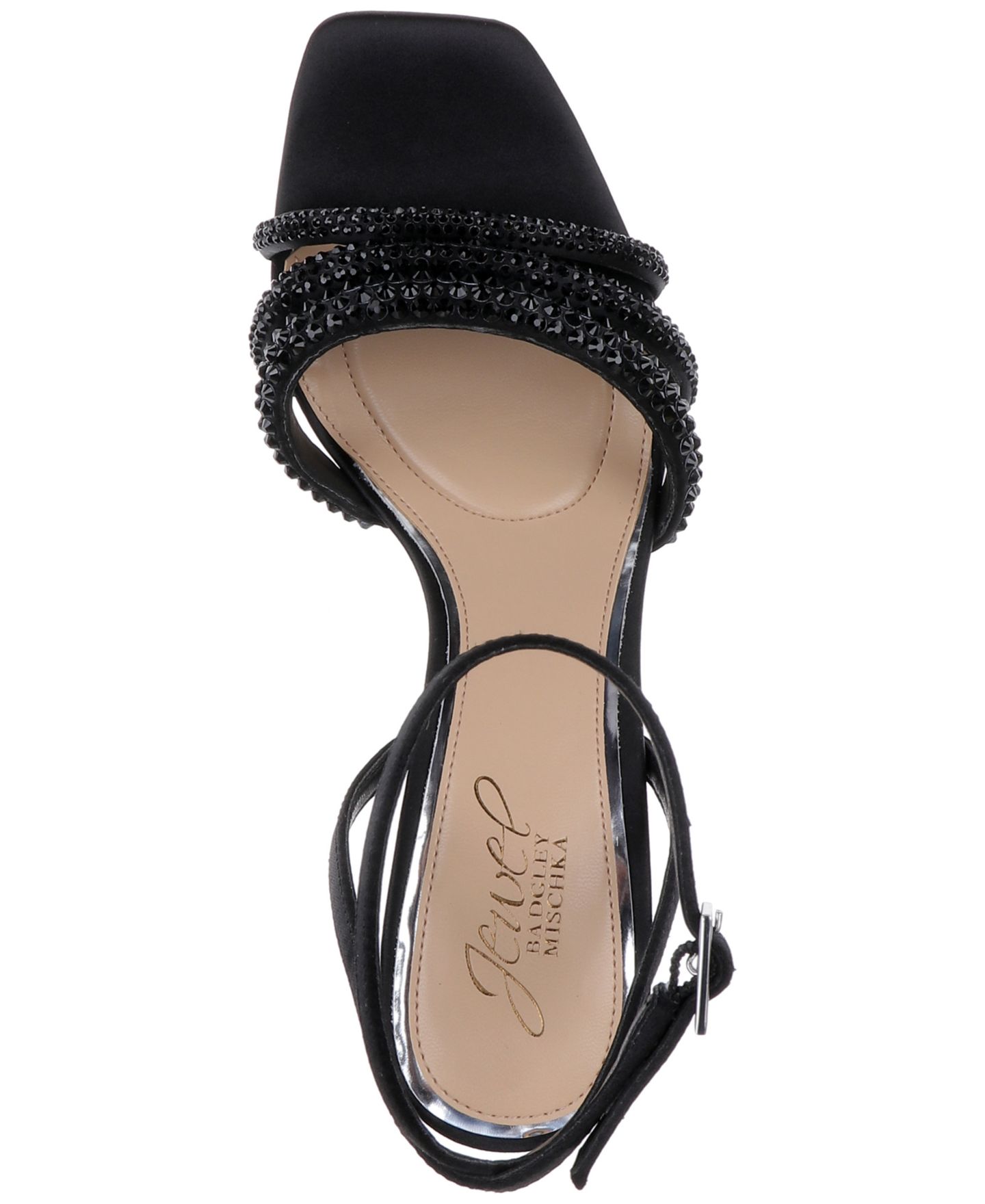 Женские сандалии Jewel Badgley Mischka Zimal Square Toe, цвет: Чёрный атласный — фото 4
