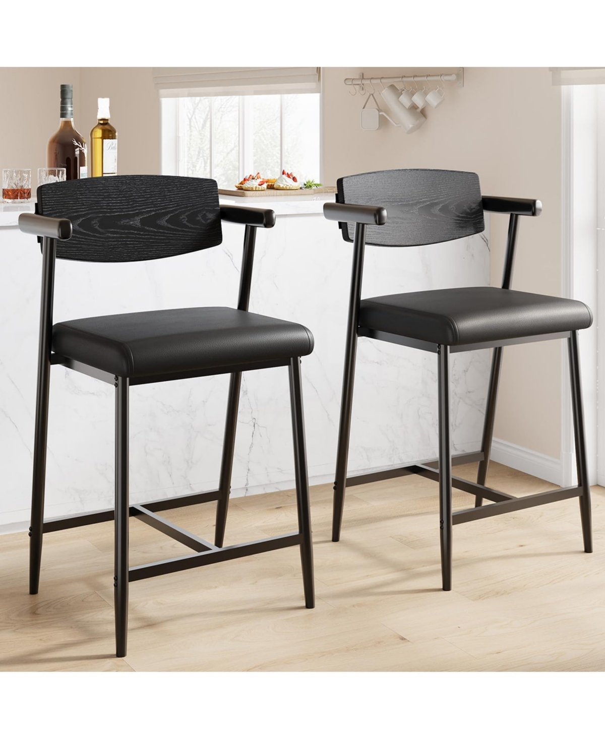 homfan 26" Counter Height Bar Stools with Arms - Metal Frame, Wood Back, Footrest, Wide Seat, Sturdy for Kitchen Island or Home Bar