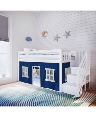Twin Low Bunk Bed with Staircase and Curtains