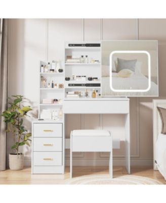 Vanity Desk with Sliding LED Mirror, Power Outlet, 4 Drawers, Storage Shelves & Stool