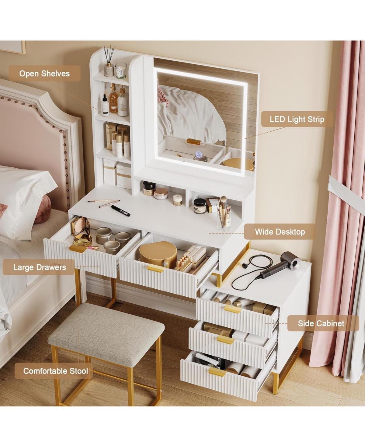 gaomon Makeup Vanity Desk with Led Mirror, 5 Drawers, Removable Cabinet & Cushioned Stool