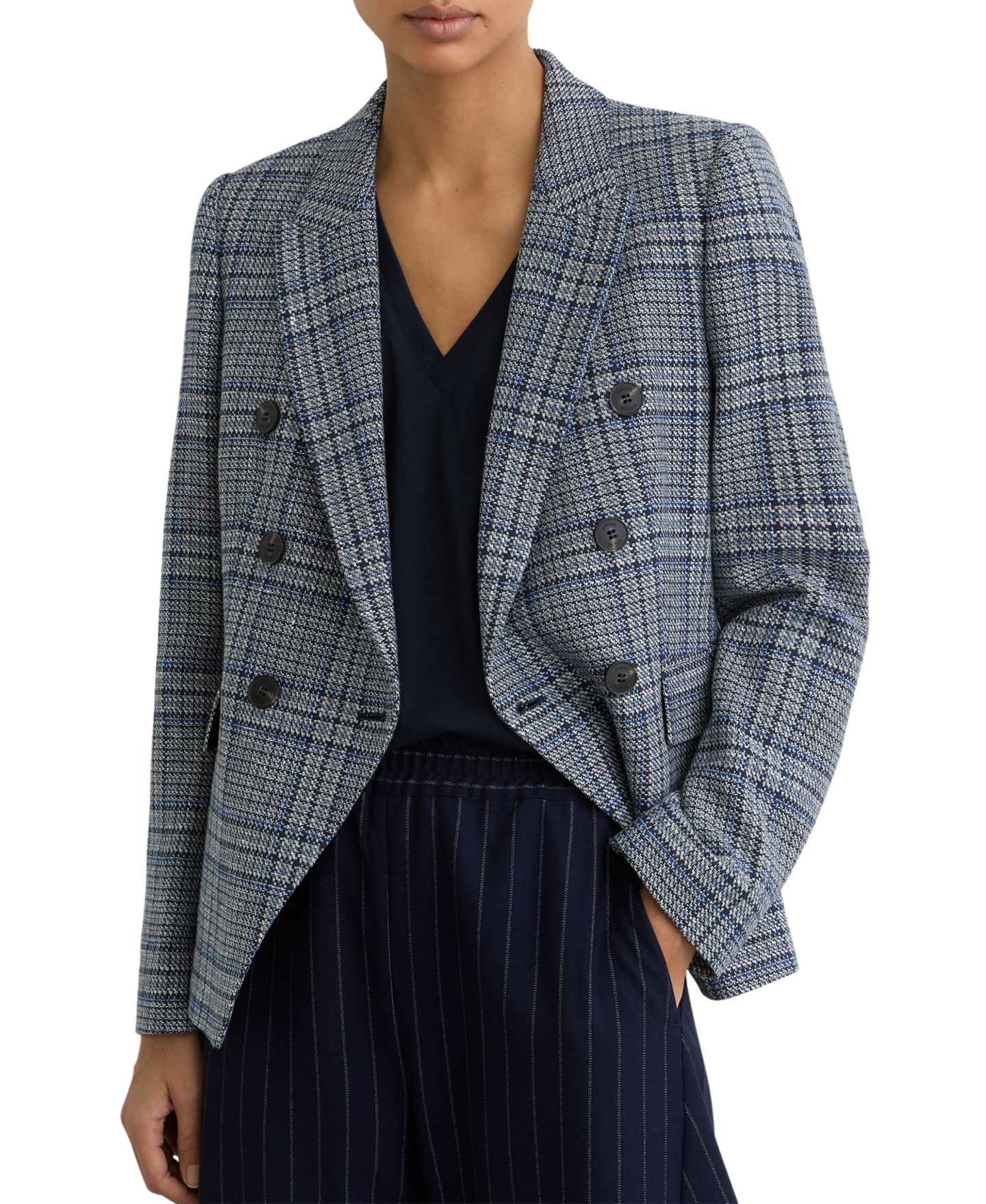 Женский пиджак REISS Double-Breasted Check Cotton-Linen Blazer, цвет: Тёмно-синий клетчатый — фото 1