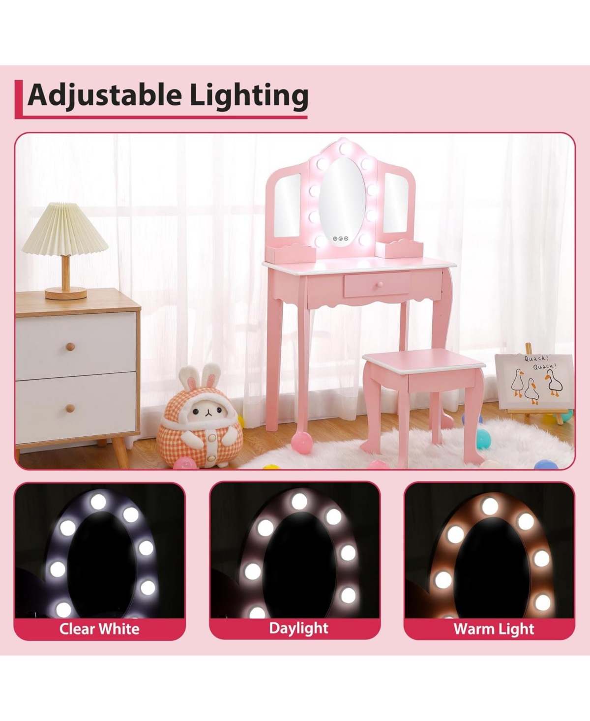 gaomon Kids Vanity Table and Chair Set with 3 Mirrors, Led Light & Drawer