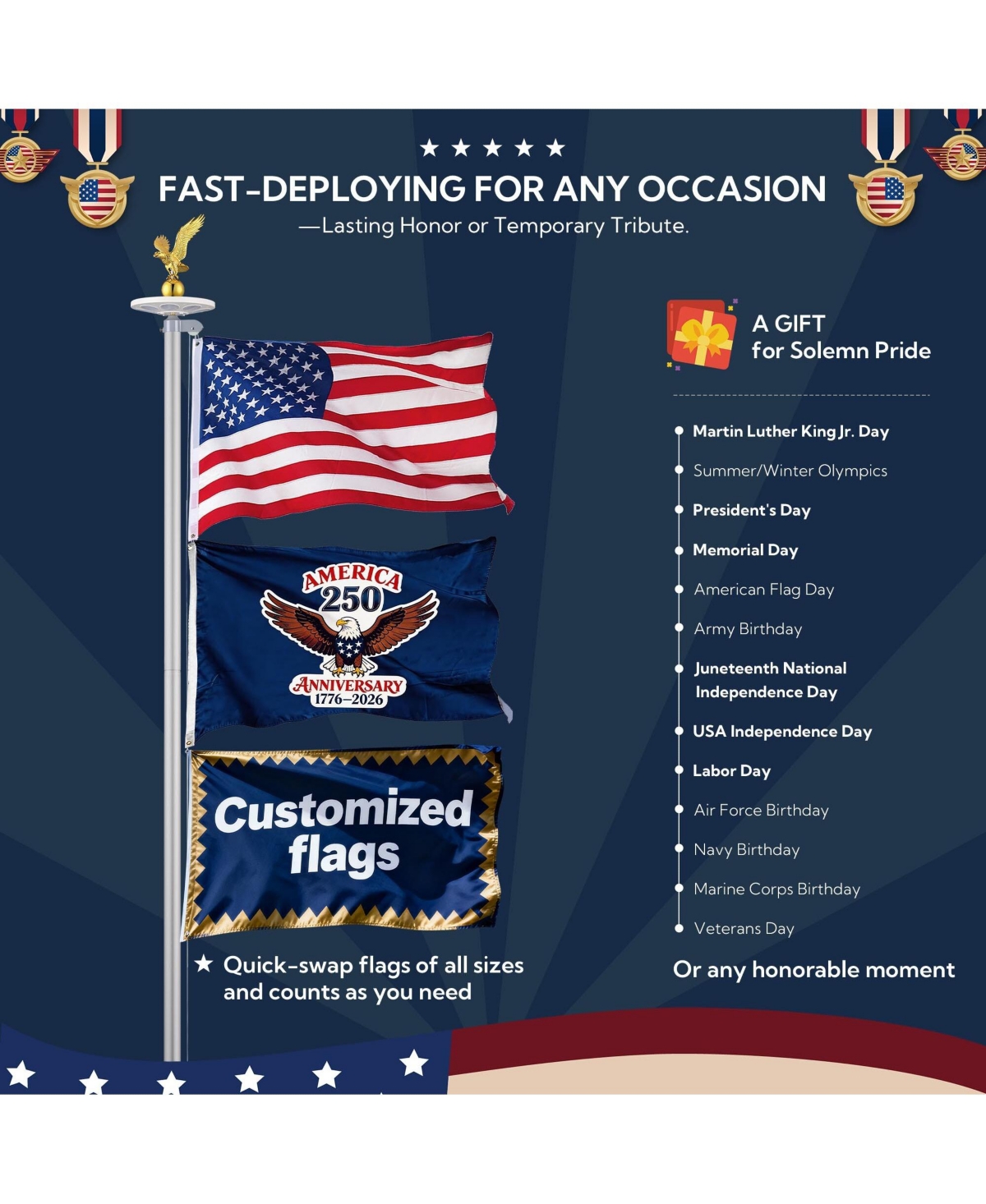 Yescom Bravery 25ft 13 Gauge Sectional Flag Pole Kit with Solar Powered Light, Us Flag, Gold Eagle Topper