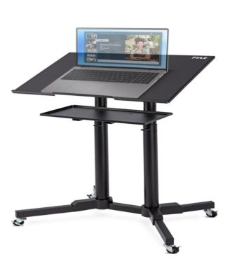 Adjustable Mobile Lectern Podium Stand with LED Light - Rolling Presentation Desk with Shelves and Locking Wheels
