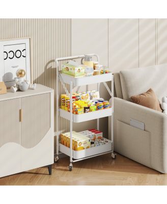 Foldable 3 Tier Rolling Cart, Metal Utility Cart, Folding Mobile Multi-Function Storage Trolley Organizer Cart for Home Library Office